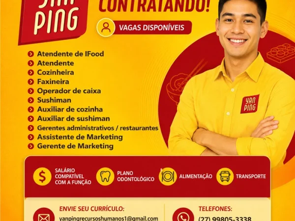 YAN PING ABRE VAGAS DE EMPREGO