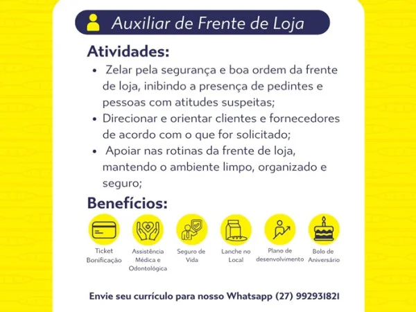 Padaria Monte Libano contrata Auxiliar de Frente de Loja