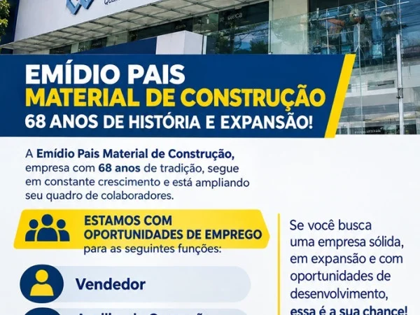 Emídio Pais Material de Construção abre vagas de Emprego