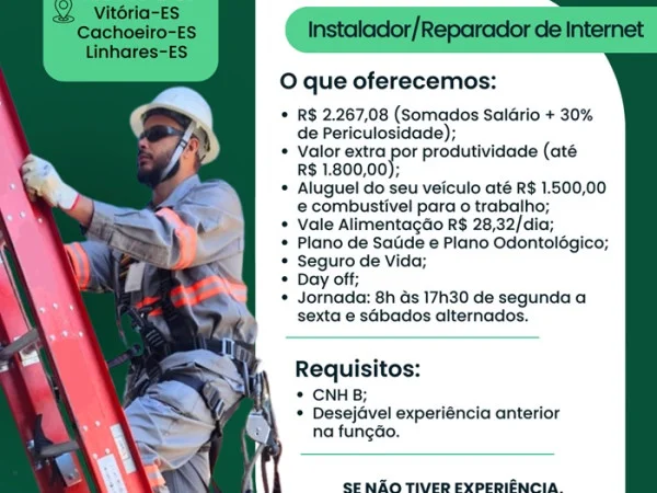 VAGAS PARA INSTALADOR/REPARADOR DE INTERNET