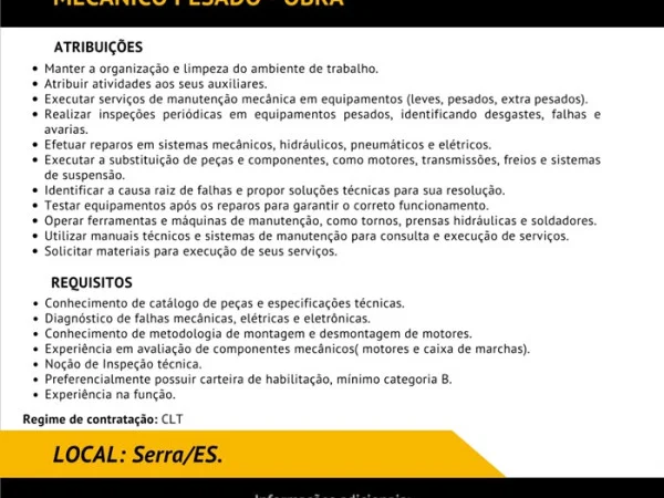 Grupo A. Madeira contrata Mecânico Pesado – Obra