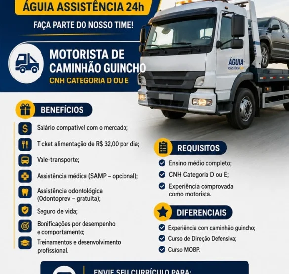 Vaga para Motorista de Caminhão Guincho – CNH Categoria D ou E