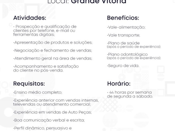 Nacional Peças contrata Vendedor Interno (Televendas)