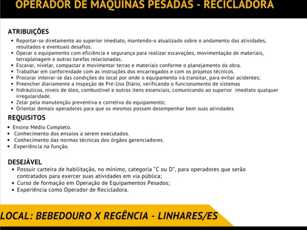 A. Madeira contrata Operador de Máquinas Pesadas - Recicladora
