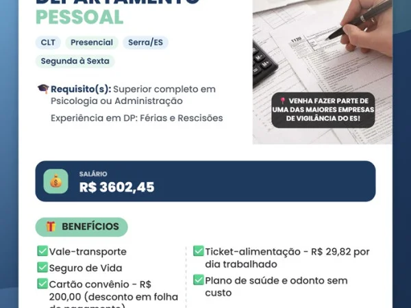 Vaga para Assistente de Departamento Pessoal