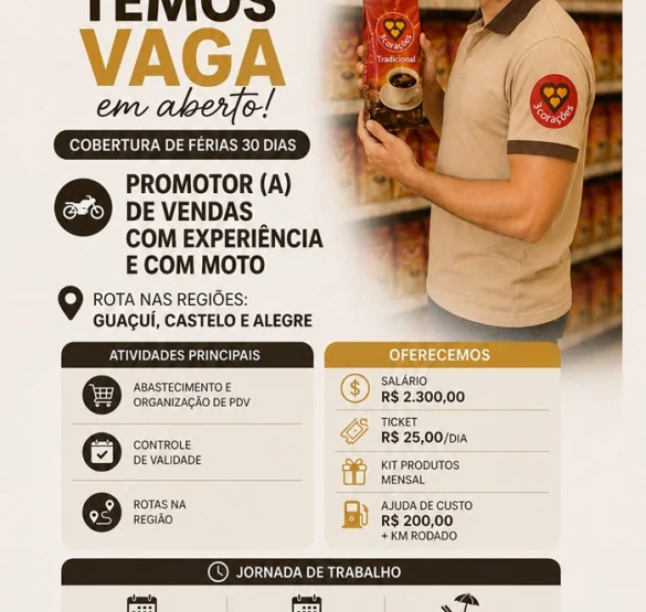 Vaga para Promotor(a) de Vendas (Com Experiência e Moto)