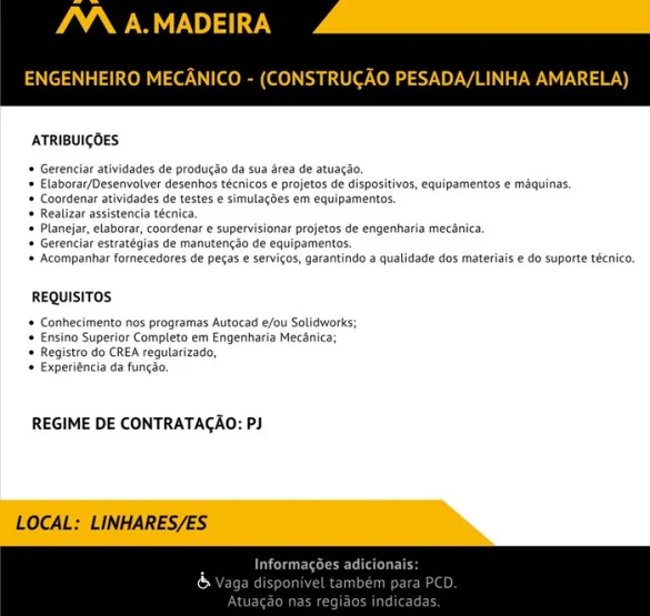A. Madeira contrata Engenheiro Mecânico - (Construção Pesada/Linha Amarela)
