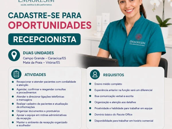 Recepcionista (Auxiliar Comercial) - EmagreSIM - Grande Vitória/ES