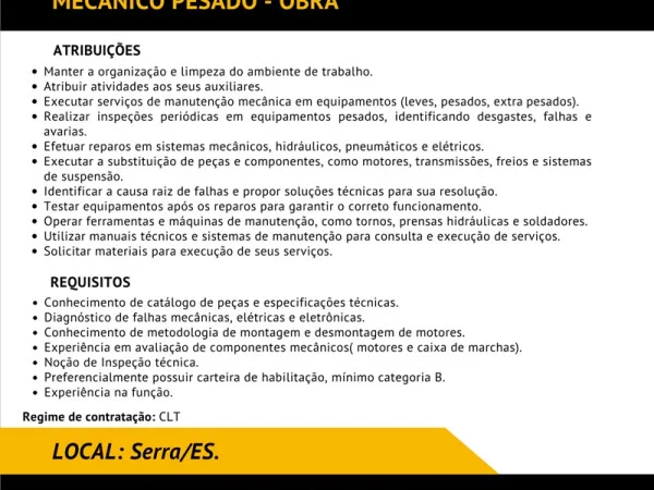 Grupo A. Madeira contrata Mecânico Pesado – Obra