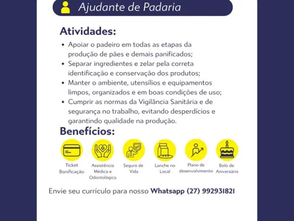 Padaria Monte Libano contrata Ajudante de Padaria