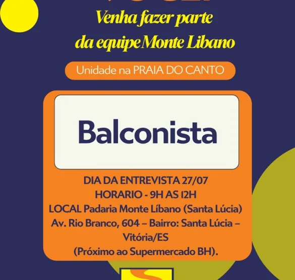 Padaria Monte Libano contrata Balconista (Vitória)
