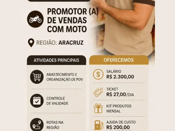 Vaga para Promotor(a) de Vendas com Moto (Aracruz – ES)