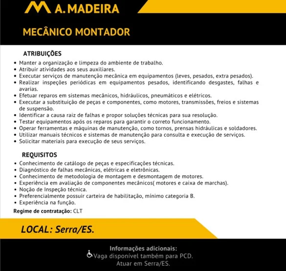 Grupo A. Madeira contrata Mecânico Montador