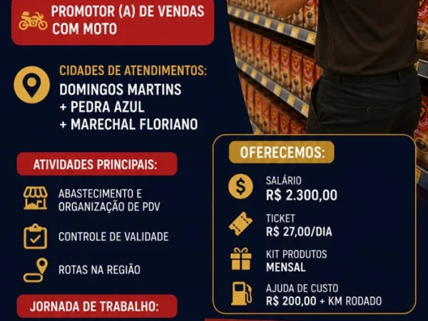3Corações contrata Promotor (a) de Vendas com Moto