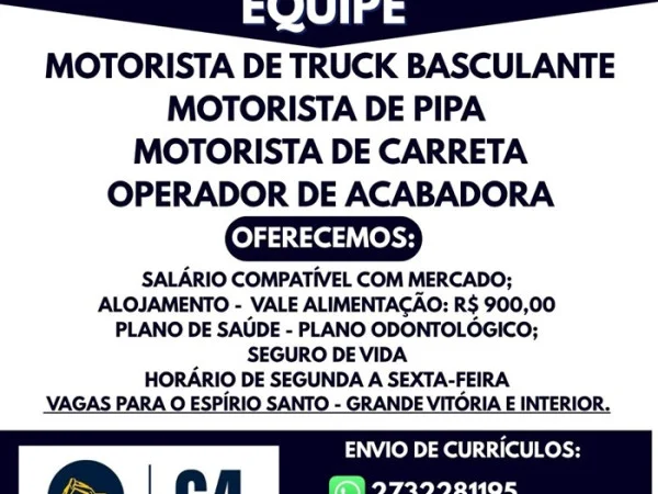 G4 Locação e Pavimentação abre vagas para Motoristas e Operador de Acabadora