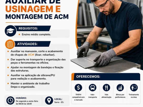 Empresa Contrata Auxiliar de Usinagem e Montagem de ACM