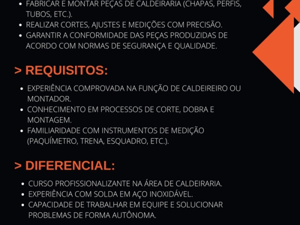 GRUPO MUSSO CONTRATA CALDEIREIRO MONTADOR