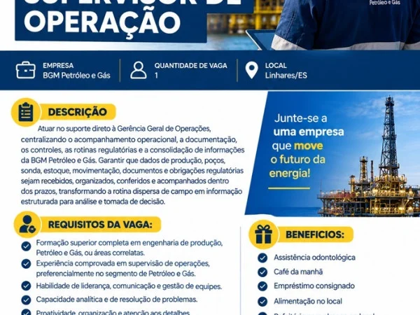 BGM Petróleo e Gás contrata Supervisor de Operação