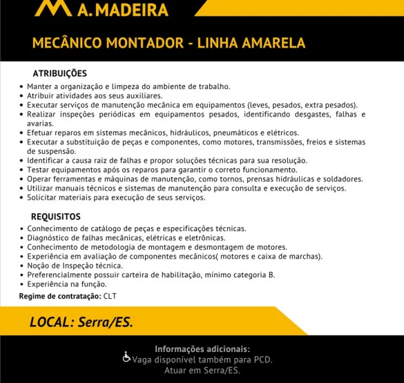 Grupo A. MADEIRA contrata Mecânico Montador