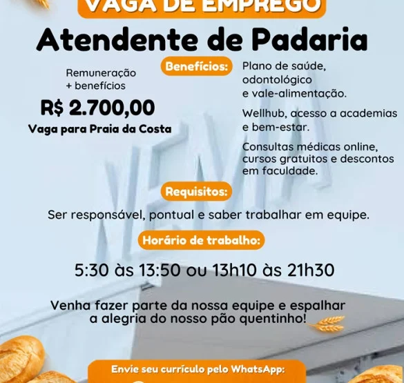 Vaga para Atendente de Padaria | Praia da Costa