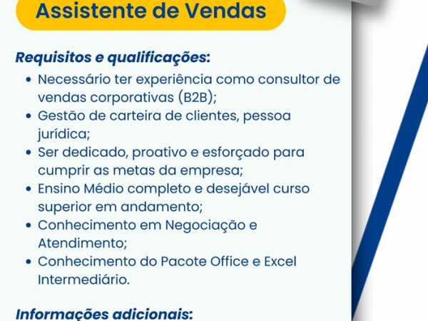 Vaga para Assistente de Vendas