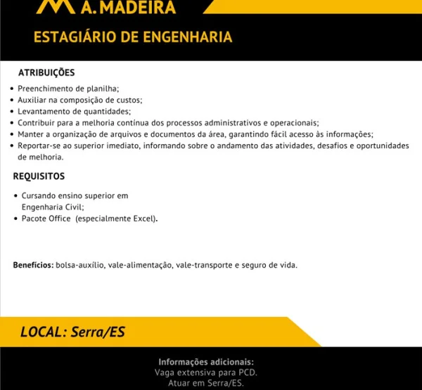 Grupo A. MADEIRA contrata Estagiário de Engenharia