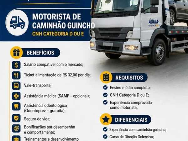 Vaga para Motorista de Caminhão Guincho – CNH Categoria D ou E
