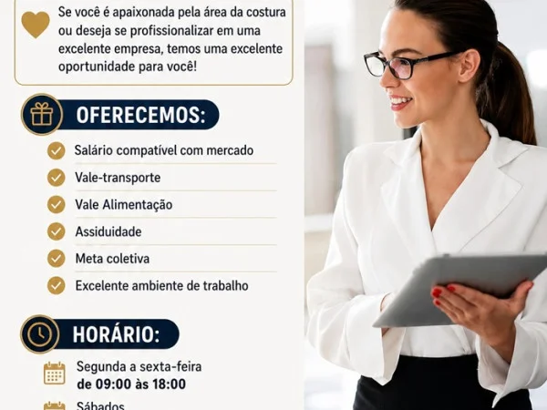 Vaga para Costureira e Auxiliar de Costura (Loja de Aluguel de Trajes Finos / Noivas)