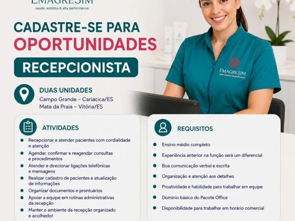 Vaga de Recepcionista - EmagreSIM - Vitória/ES
