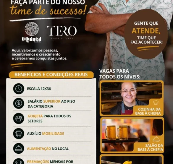 Faça parte do nosso time de sucesso! O Quintal Parrilla Bar e Tiro Brasa & Vinho estão contratando!