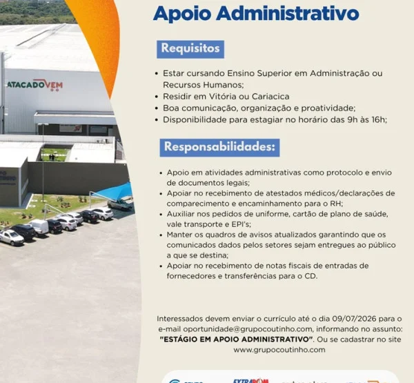 Grupo Coutinho abre vagas de Estágio Administrativo para a região de Vitória, Vila Velha e Serra