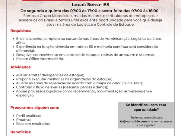 Grupo Motociclo contrata Analista de Logística | Controle de Estoque