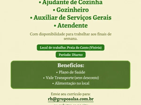Salsa Self Service contrata Atendente, Cozinheiro, Ajudante de Cozinha e Auxiliar de Serviços Gerais