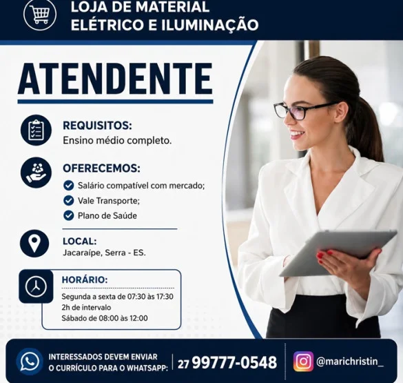 Loja de Material Elétrico e Iluminação Contrata Atendente