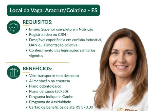 Vaga para Nutricionista (Aracruz/Colatina - ES)