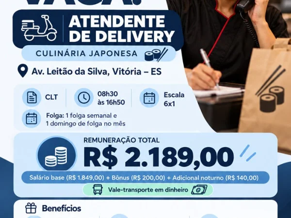 Vaga de Atendente de Delivery – Culinária Japonesa (Vitória)