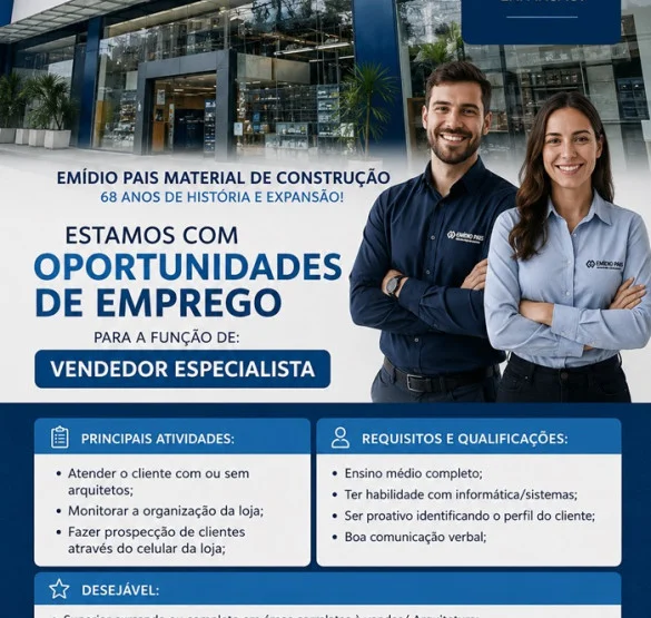 Emídio Pais Material de Construção contrata Vendedor Especialista