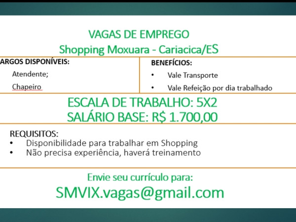 Vagas para Atendente e Chapeiro