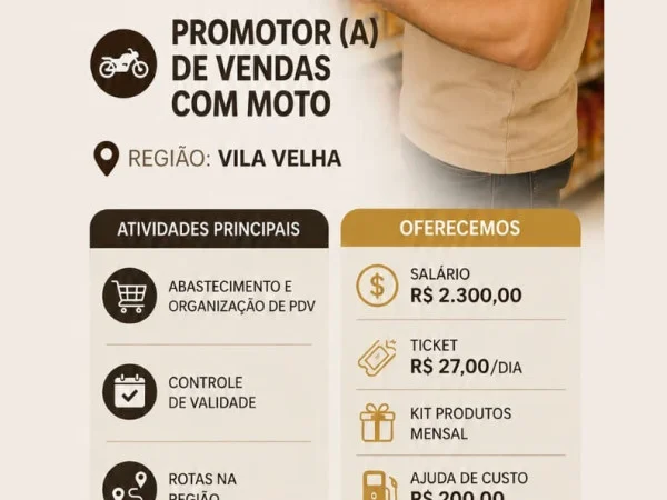 Grupo 3Corações contrata Promotor(a) de Vendas com moto - Vila Velha
