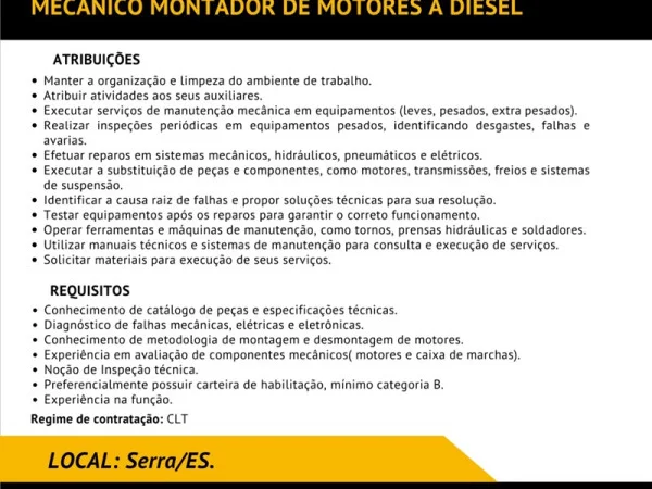 A. Madeira contrata Mecânico Montador de Motores a Diesel