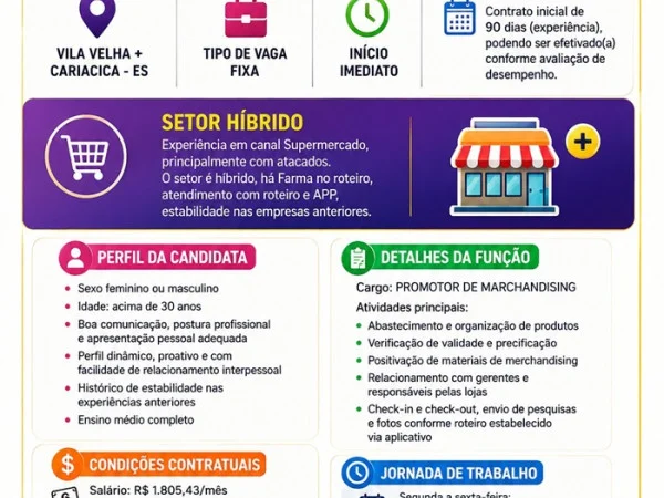 Vaga para Promotor de Merchandising (Com Experiência)