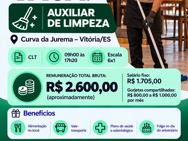 Vaga para Auxiliar de Limpeza | Curva da Jurema – Vitória/ES