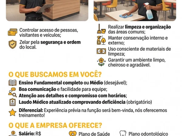 McDonald's contrata PCDs: Auxiliar de Portaria e Recepção / Auxiliar de Limpeza e Conservação