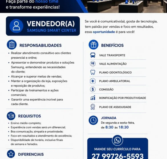 Vaga para Vendedor(a) – Samsung Smart Center