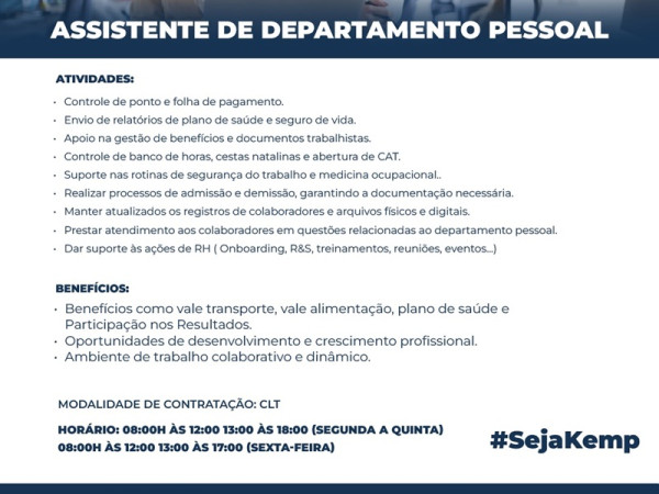 Kemp contrata Assistente de Departamento Pessoal