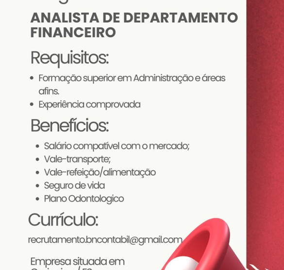 Vaga para Analista de Departamento Financeiro