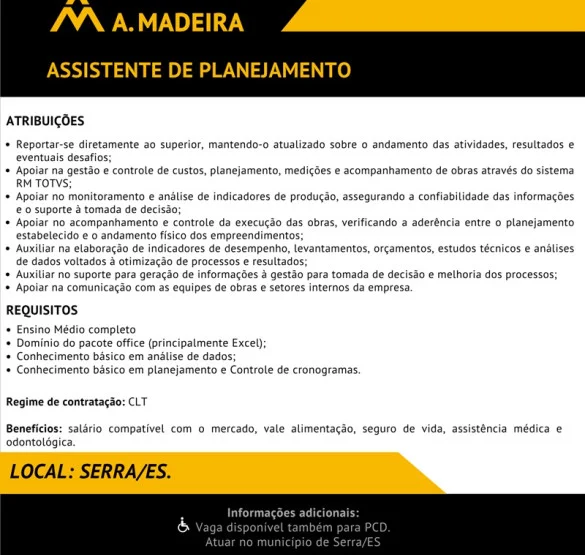 Grupo A. Madeira contrata Assistente de Planejamento