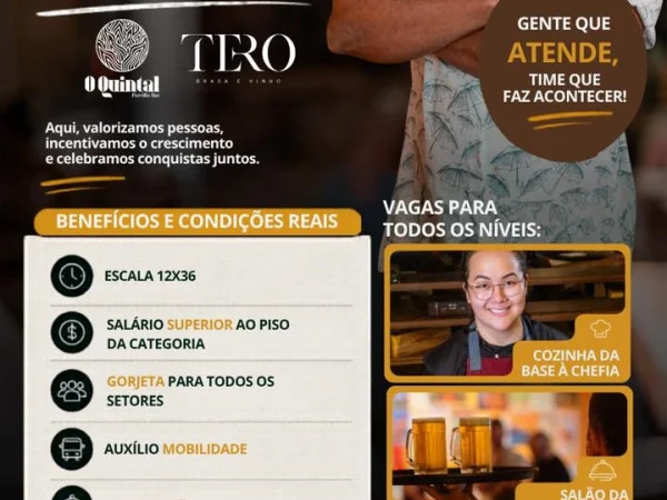Faça parte do nosso time de sucesso! O Quintal Parrilla Bar e Tiro Brasa & Vinho estão contratando!