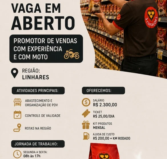 Vaga para Promotor de Vendas (Com Experiência e Moto)