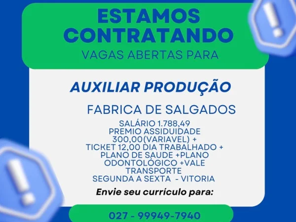 Fábrica de Salgados contrata Auxiliar de Produção